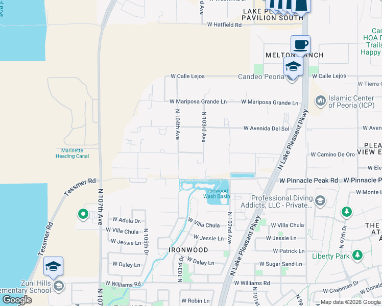 map of restaurants, bars, coffee shops, grocery stores, and more near 10339 West Camino De Oro in Peoria