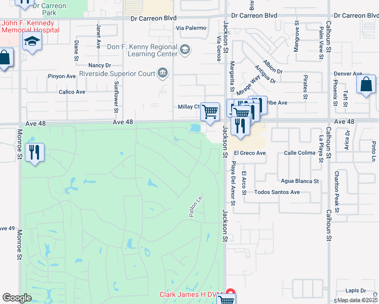 map of restaurants, bars, coffee shops, grocery stores, and more near 82753 Barrymore Street in Indio