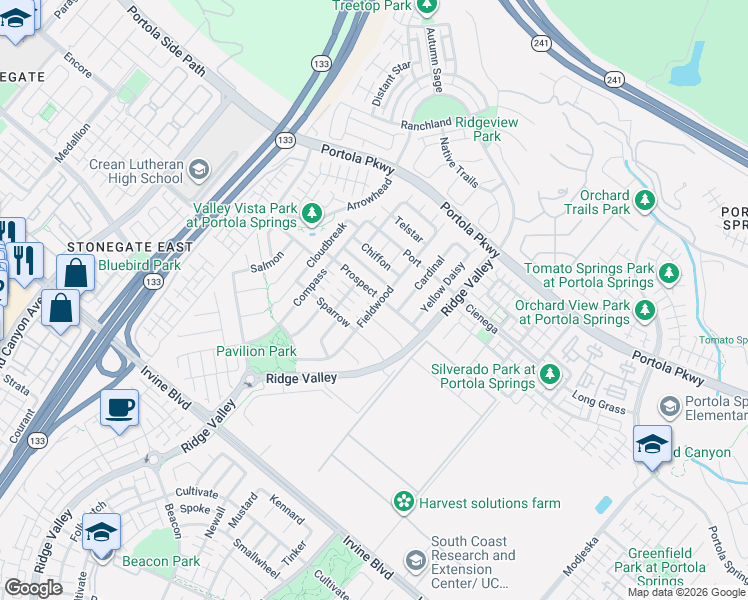 map of restaurants, bars, coffee shops, grocery stores, and more near 116 Prairie Rose in Irvine
