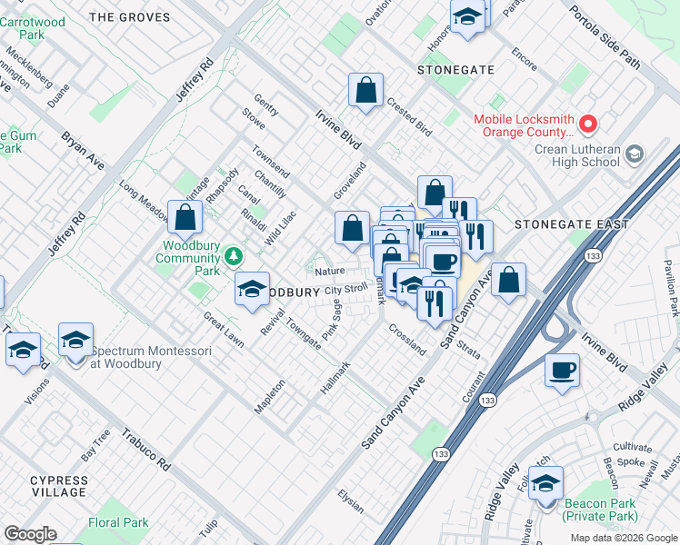 map of restaurants, bars, coffee shops, grocery stores, and more near 54 City Stroll in Irvine