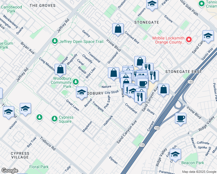 map of restaurants, bars, coffee shops, grocery stores, and more near 54 City Stroll in Irvine