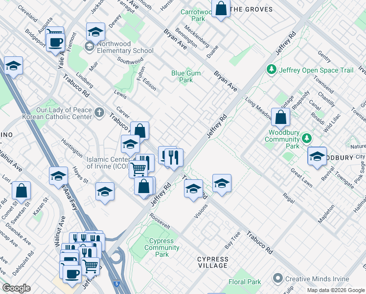map of restaurants, bars, coffee shops, grocery stores, and more near 65 Secret Garden in Irvine