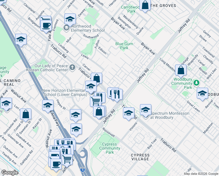 map of restaurants, bars, coffee shops, grocery stores, and more near 52 Secret Garden in Irvine