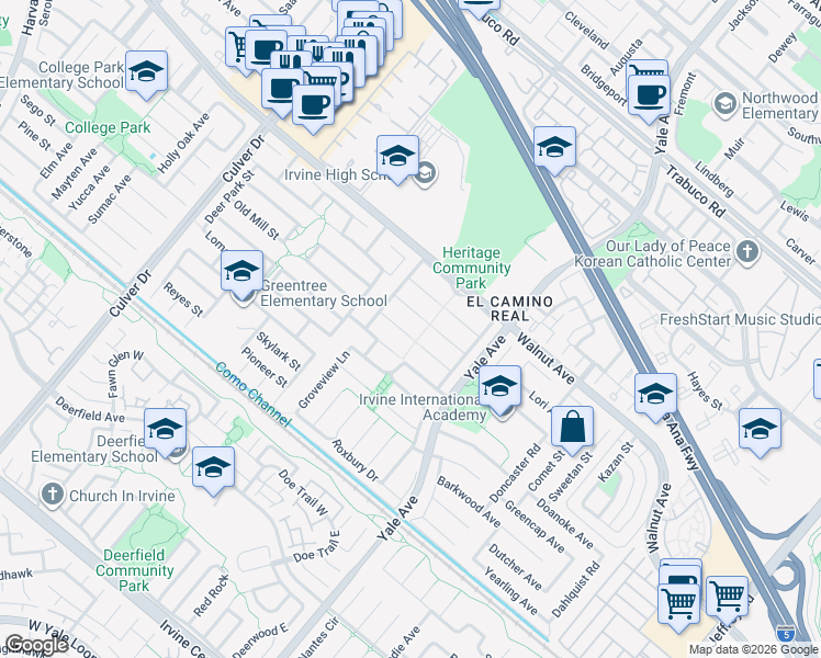 map of restaurants, bars, coffee shops, grocery stores, and more near 4571 Kimberwick Circle in Irvine