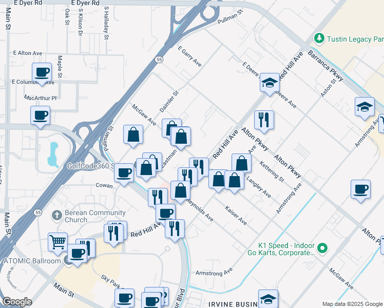 map of restaurants, bars, coffee shops, grocery stores, and more near 1467 McGaw Avenue in Irvine