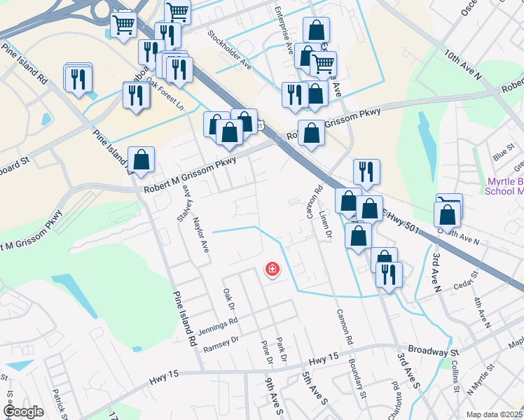 map of restaurants, bars, coffee shops, grocery stores, and more near 1639 Racepath Street in Myrtle Beach