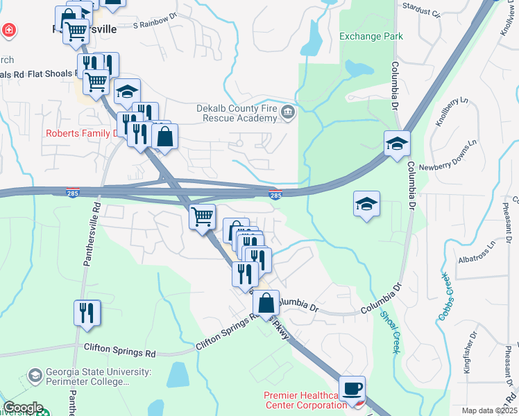 map of restaurants, bars, coffee shops, grocery stores, and more near 3800 Flat Shoals Parkway in Decatur