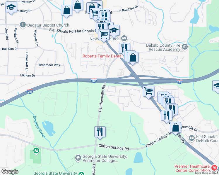 map of restaurants, bars, coffee shops, grocery stores, and more near 3216 Panthers Trce in Decatur
