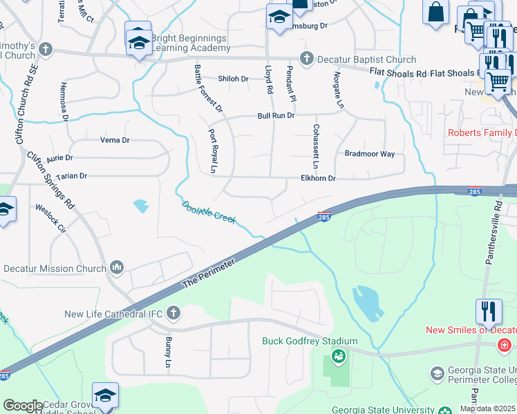 map of restaurants, bars, coffee shops, grocery stores, and more near 2539 Appomattox Drive in Decatur