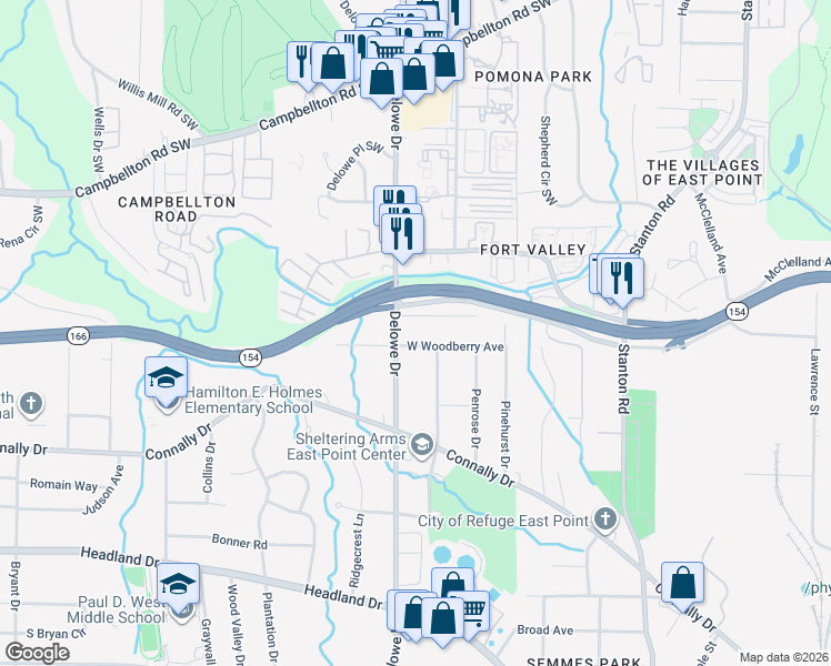 map of restaurants, bars, coffee shops, grocery stores, and more near 2079 West Woodberry Avenue in East Point