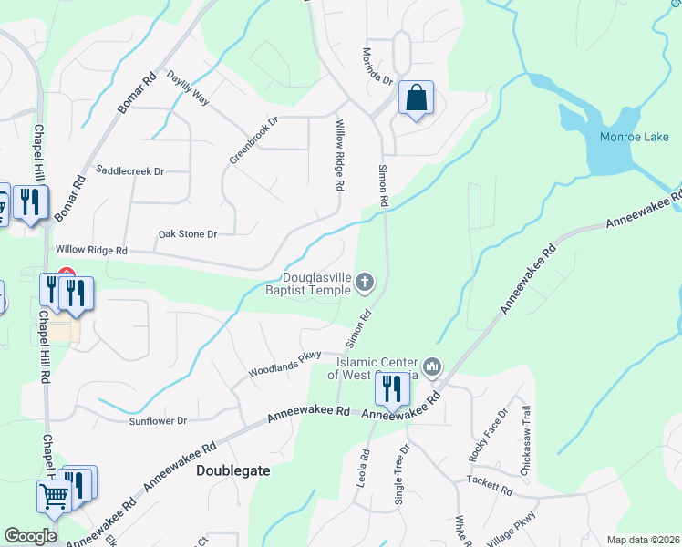 map of restaurants, bars, coffee shops, grocery stores, and more near 3952 Robindale Drive in Douglasville