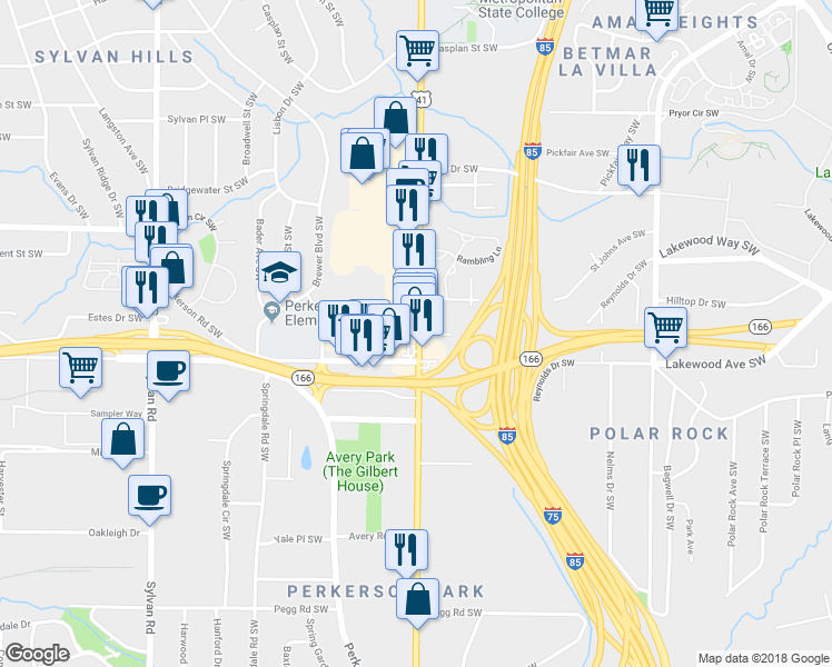 map of restaurants, bars, coffee shops, grocery stores, and more near 2091 Metropolitan Parkway Southwest in Atlanta