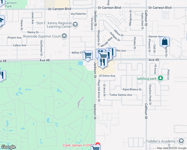 map of restaurants, bars, coffee shops, grocery stores, and more near 48304 Stewart Drive in Indio