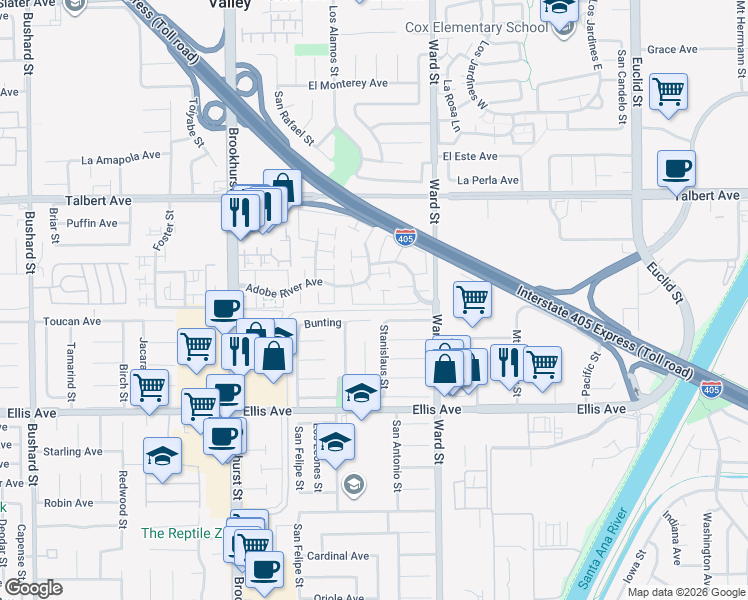 map of restaurants, bars, coffee shops, grocery stores, and more near 10337 Elk River Court in Fountain Valley