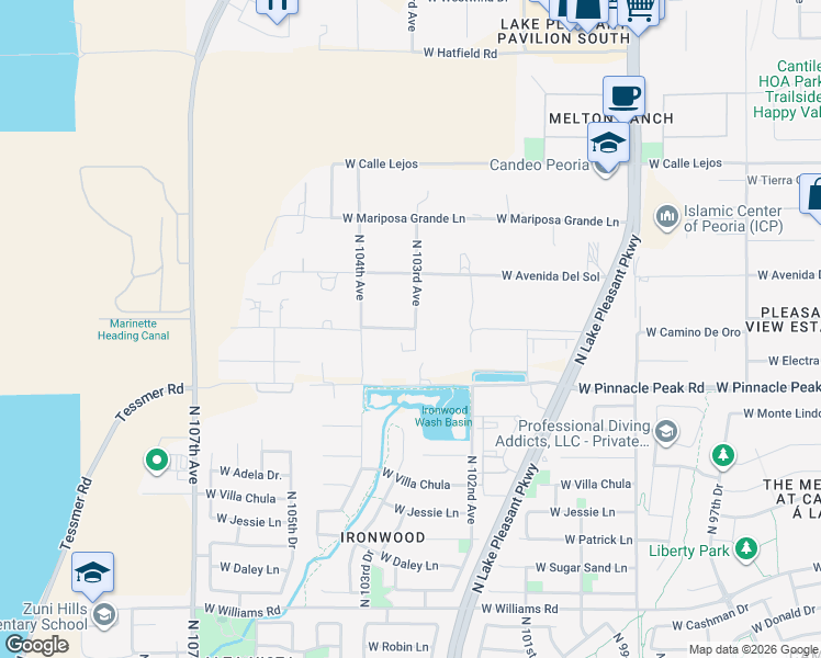 map of restaurants, bars, coffee shops, grocery stores, and more near 10307 West Camino De Oro in Peoria