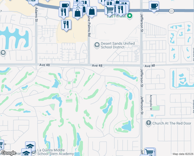 map of restaurants, bars, coffee shops, grocery stores, and more near 48270 Vista Calico in La Quinta