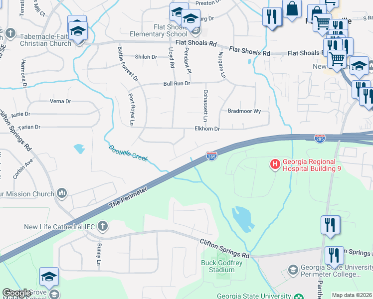 map of restaurants, bars, coffee shops, grocery stores, and more near 2599 McGlynn Drive in Decatur