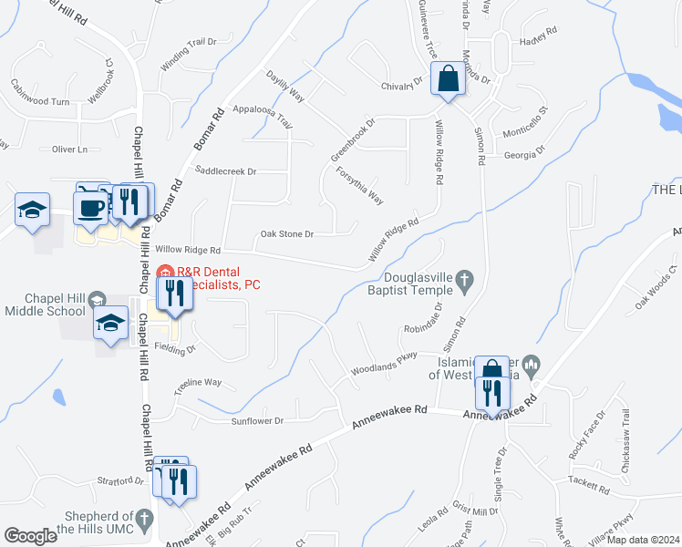 map of restaurants, bars, coffee shops, grocery stores, and more near 4025 Willow Ridge Road in Douglasville