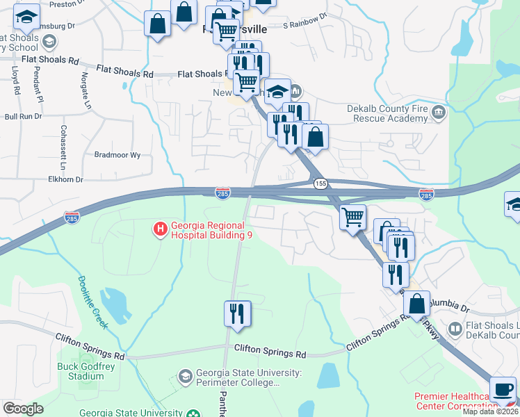 map of restaurants, bars, coffee shops, grocery stores, and more near 3099 Panthers Trce in Decatur
