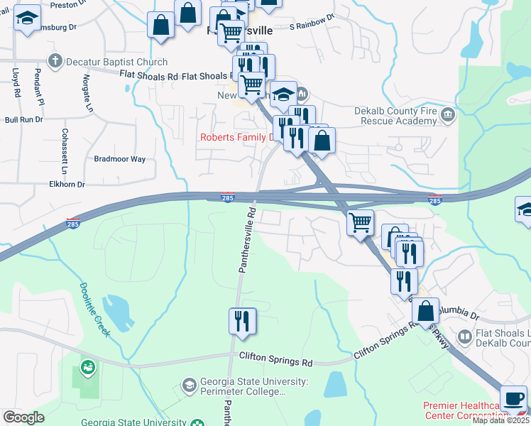 map of restaurants, bars, coffee shops, grocery stores, and more near 3216 Panthers Trce in Decatur