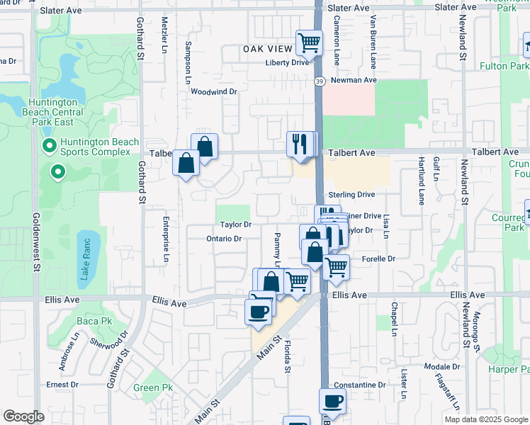 map of restaurants, bars, coffee shops, grocery stores, and more near 7821 Connie Drive in Huntington Beach