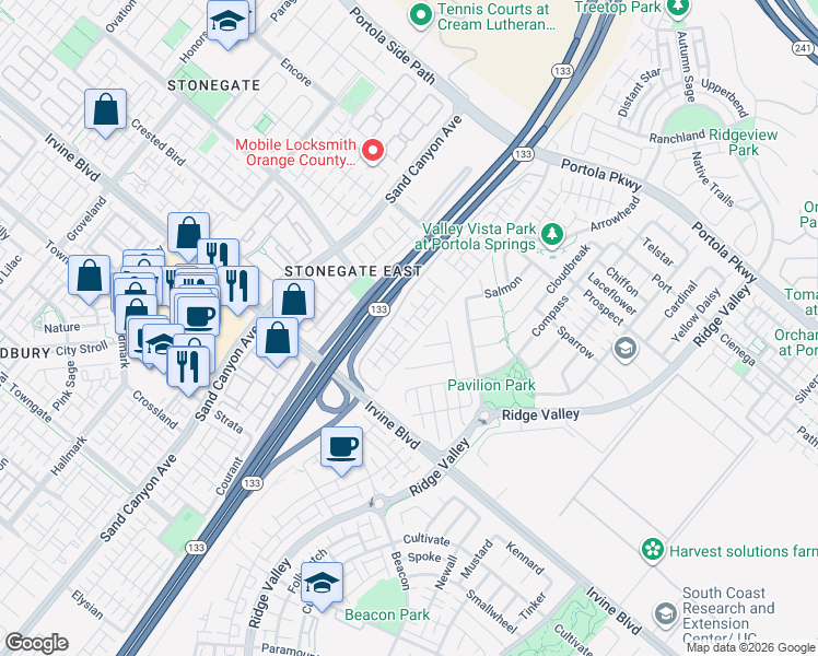 map of restaurants, bars, coffee shops, grocery stores, and more near 67 Plateau in Irvine