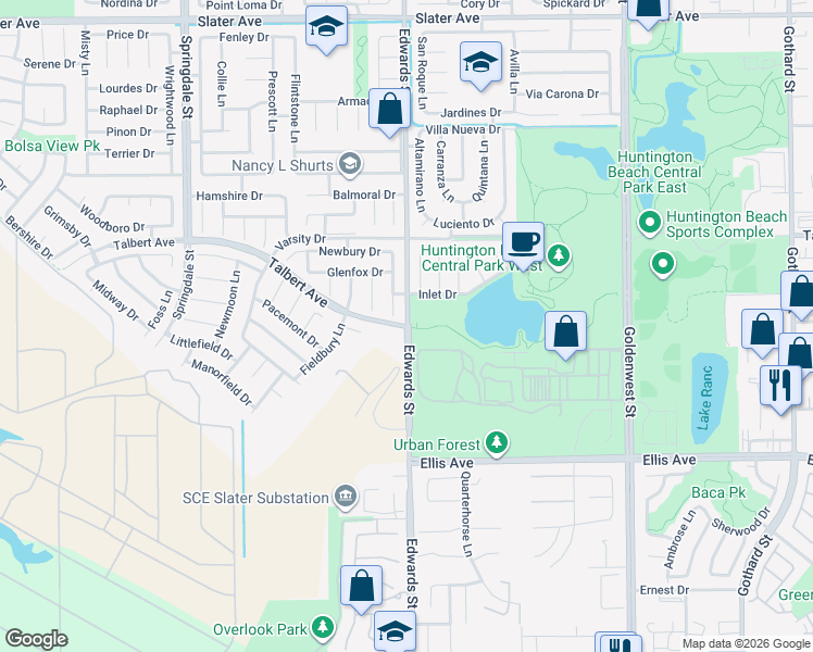 map of restaurants, bars, coffee shops, grocery stores, and more near Edwards St & Talbert Ave in Huntington Beach