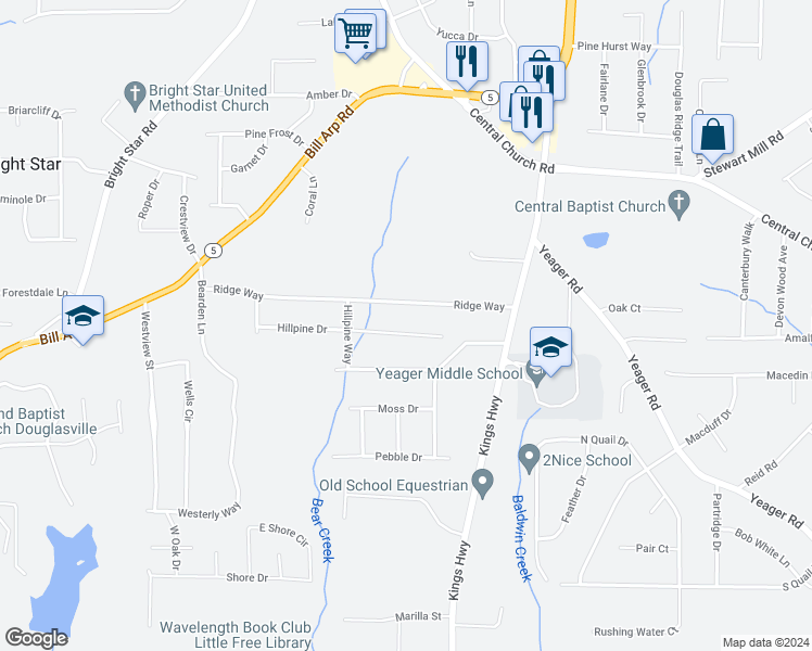 map of restaurants, bars, coffee shops, grocery stores, and more near 6148 Hillpine Drive in Douglasville