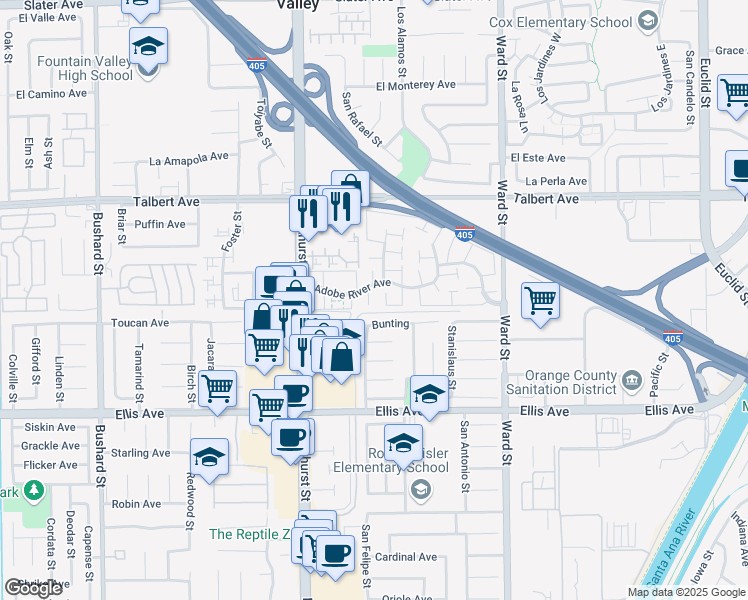 map of restaurants, bars, coffee shops, grocery stores, and more near 18250 Cabrillo Court in Fountain Valley