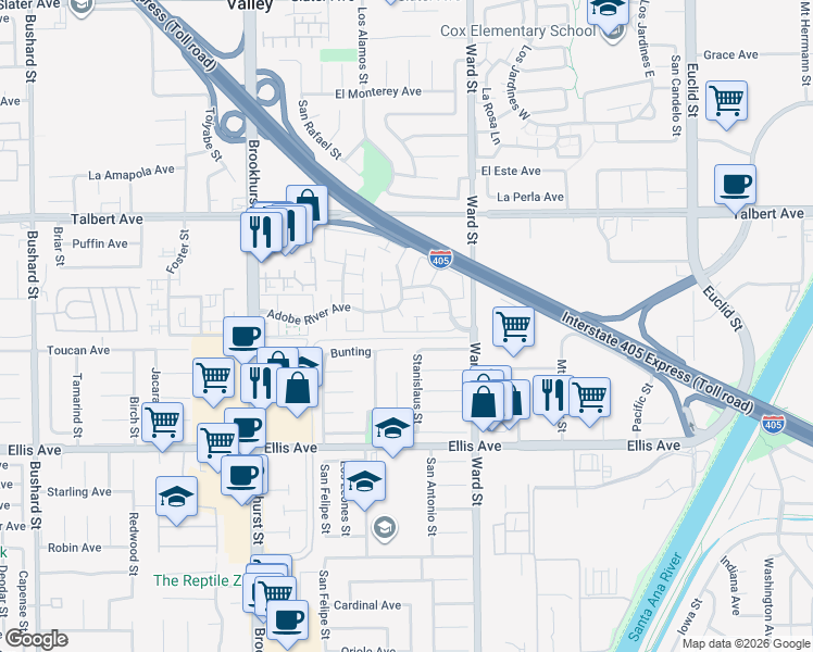 map of restaurants, bars, coffee shops, grocery stores, and more near 10337 Elk River Court in Fountain Valley