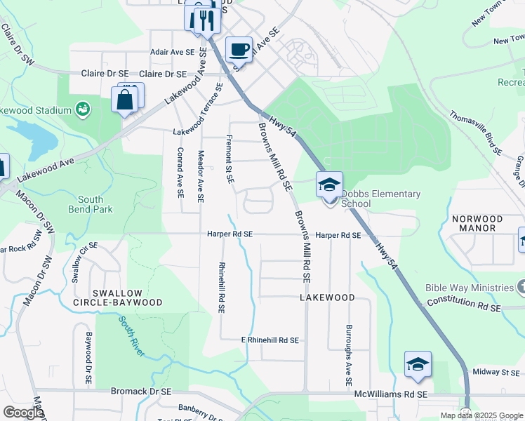 map of restaurants, bars, coffee shops, grocery stores, and more near 384 Harper Road Southeast in Atlanta