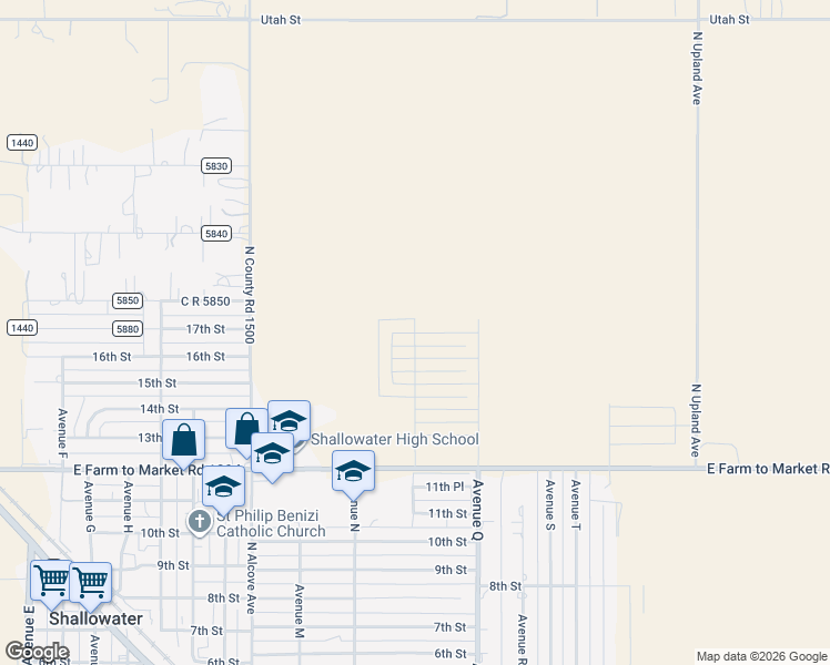 map of restaurants, bars, coffee shops, grocery stores, and more near 1404 16th Street in Shallowater