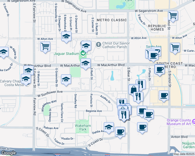 map of restaurants, bars, coffee shops, grocery stores, and more near 3610 Aspen Village Way in Santa Ana