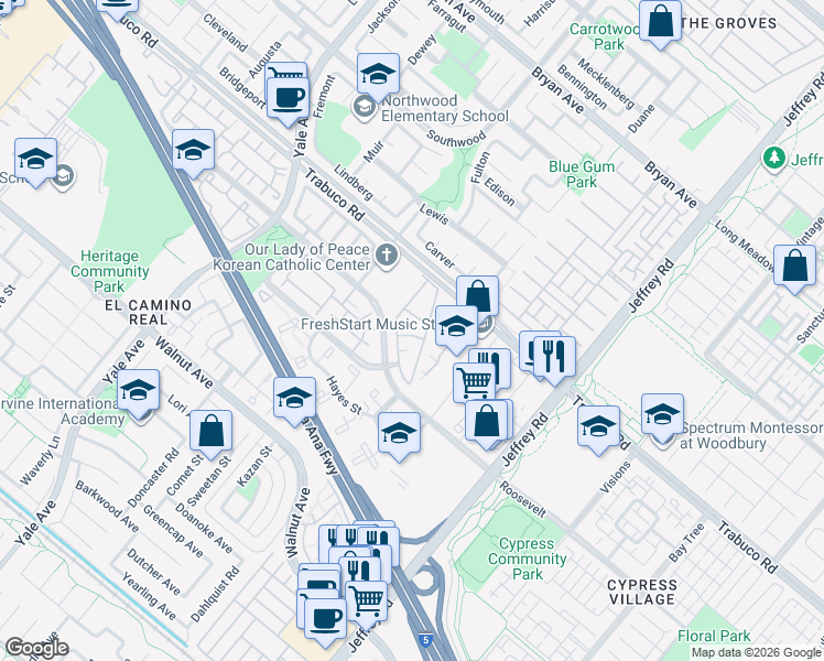 map of restaurants, bars, coffee shops, grocery stores, and more near 32 Cartier Aisle in Irvine