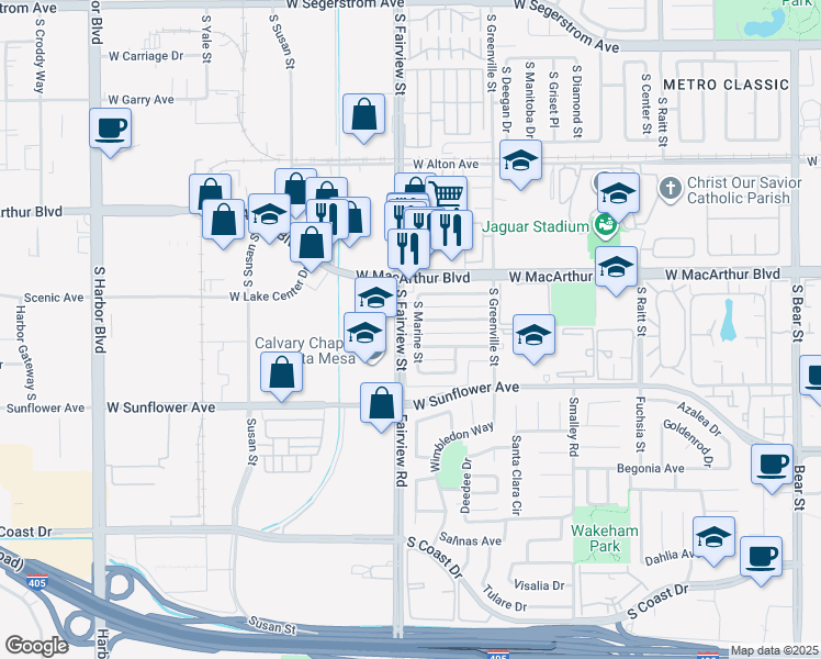 map of restaurants, bars, coffee shops, grocery stores, and more near 3714 South Marine Street in Santa Ana