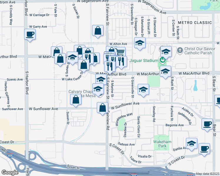 map of restaurants, bars, coffee shops, grocery stores, and more near 3626 South Marine Street in Santa Ana