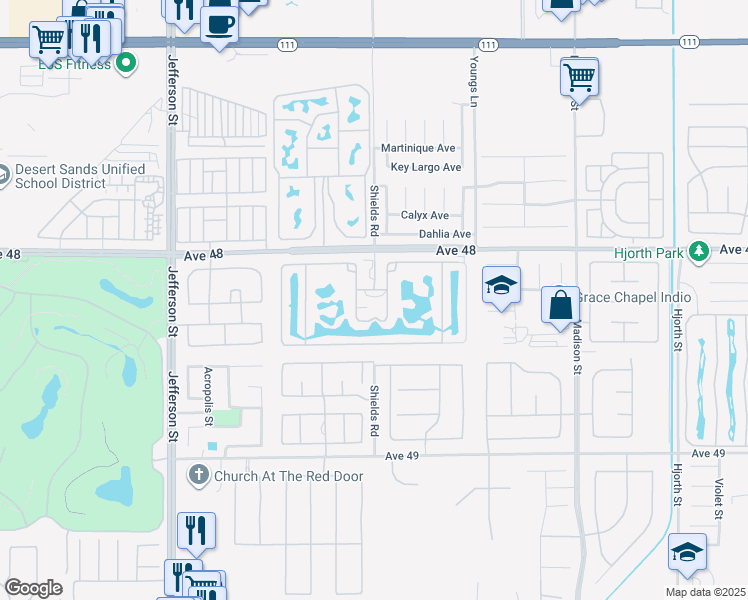 map of restaurants, bars, coffee shops, grocery stores, and more near 80501 Avenue 48 in Indio