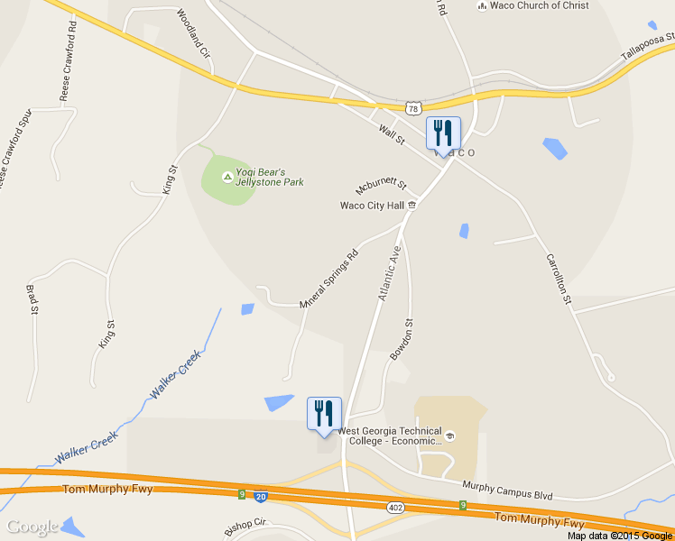 map of restaurants, bars, coffee shops, grocery stores, and more near 86 Mineral Springs Road in Waco
