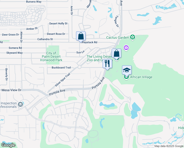 map of restaurants, bars, coffee shops, grocery stores, and more near 48200 Birdie Way in Palm Desert