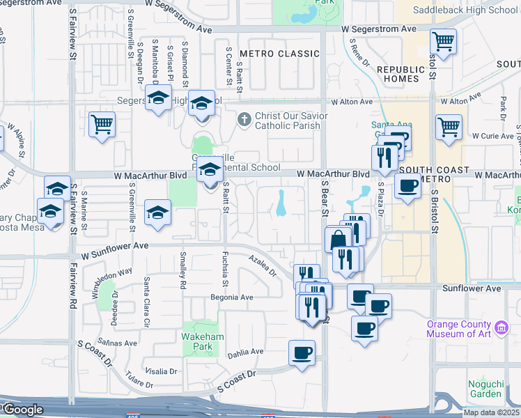 map of restaurants, bars, coffee shops, grocery stores, and more near 2023 West Summer Wind in Santa Ana