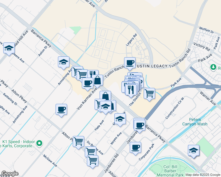 map of restaurants, bars, coffee shops, grocery stores, and more near 2345 Barranca Parkway in Tustin