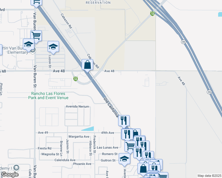 map of restaurants, bars, coffee shops, grocery stores, and more near Dillon Road in Coachella