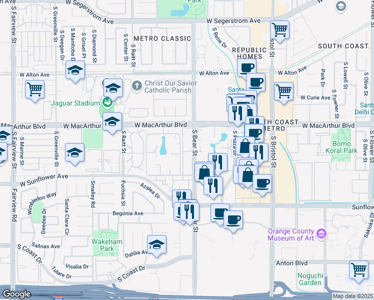 map of restaurants, bars, coffee shops, grocery stores, and more near 3710 South Bear Street in Santa Ana