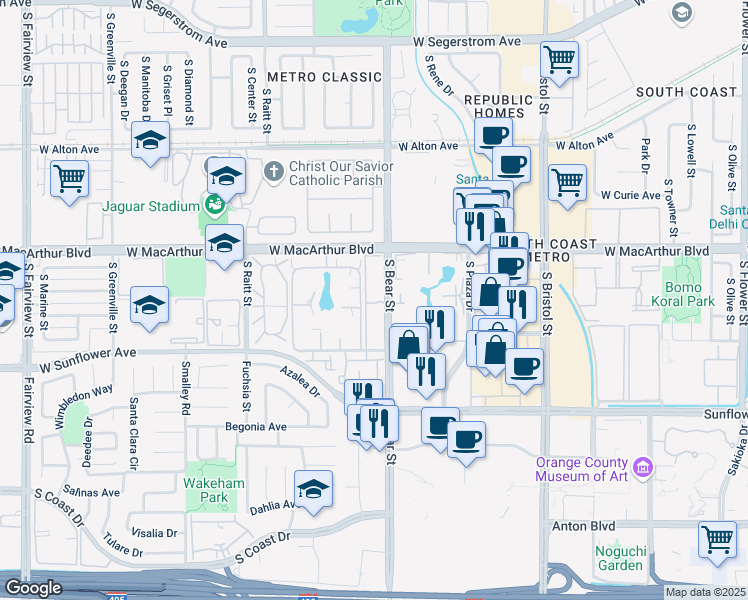 map of restaurants, bars, coffee shops, grocery stores, and more near 3640 South Bear Street in Santa Ana