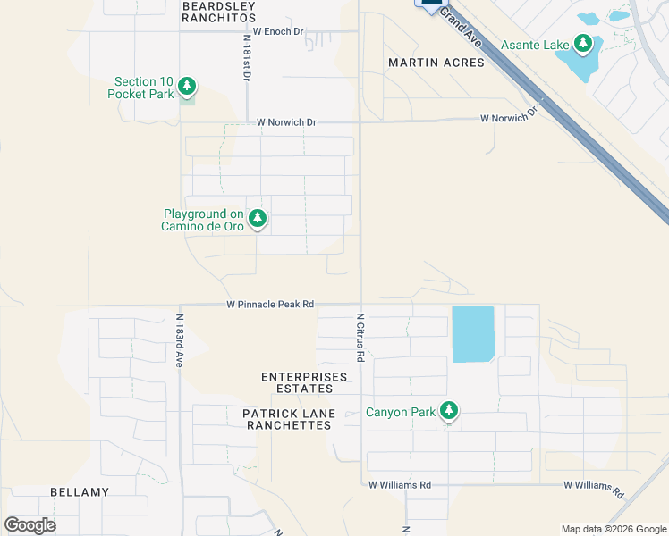map of restaurants, bars, coffee shops, grocery stores, and more near 17922 West Monte Lindo Lane in Surprise