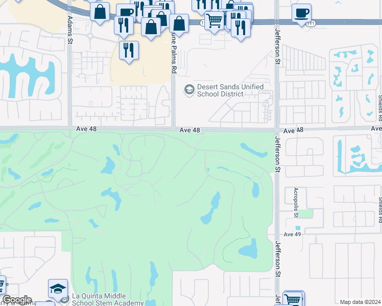 map of restaurants, bars, coffee shops, grocery stores, and more near 48245 Vista Calico in La Quinta