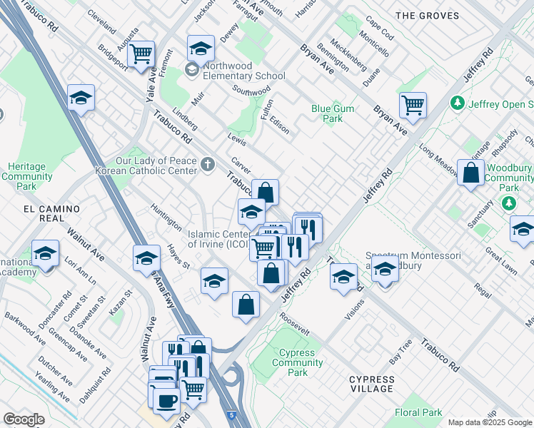 map of restaurants, bars, coffee shops, grocery stores, and more near 5410 Trabuco Road in Irvine