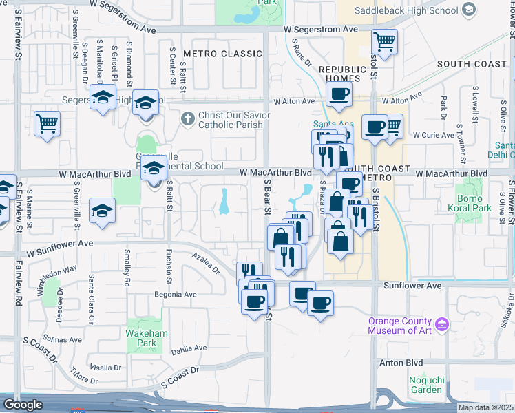 map of restaurants, bars, coffee shops, grocery stores, and more near 3710 South Bear Street in Santa Ana