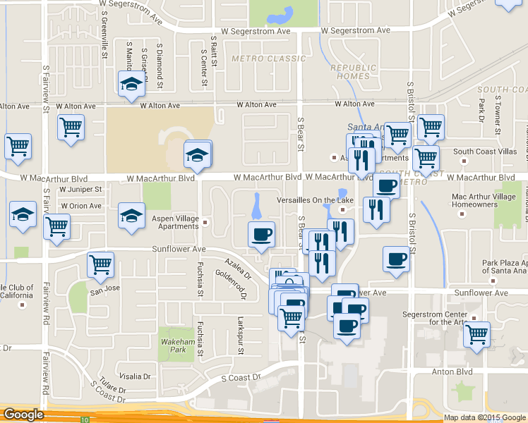 map of restaurants, bars, coffee shops, grocery stores, and more near 1912 Bay Crest Street in Santa Ana