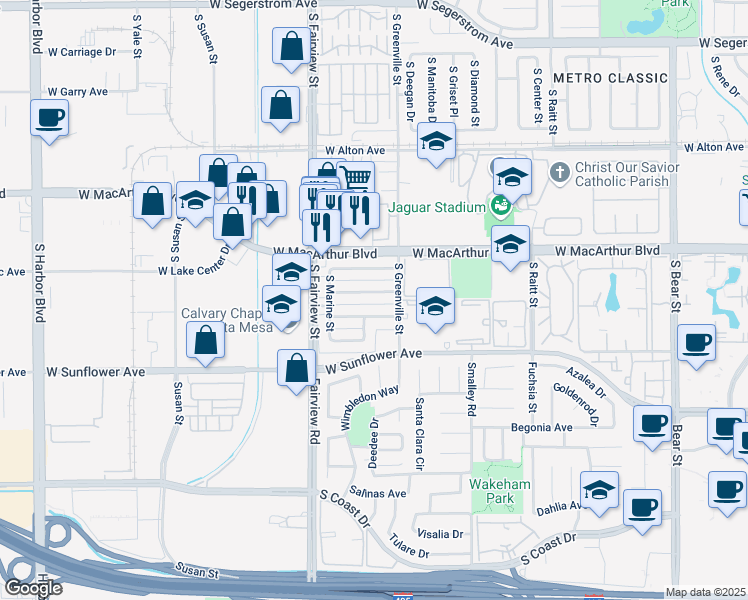 map of restaurants, bars, coffee shops, grocery stores, and more near 2608 West Aurora Street in Santa Ana
